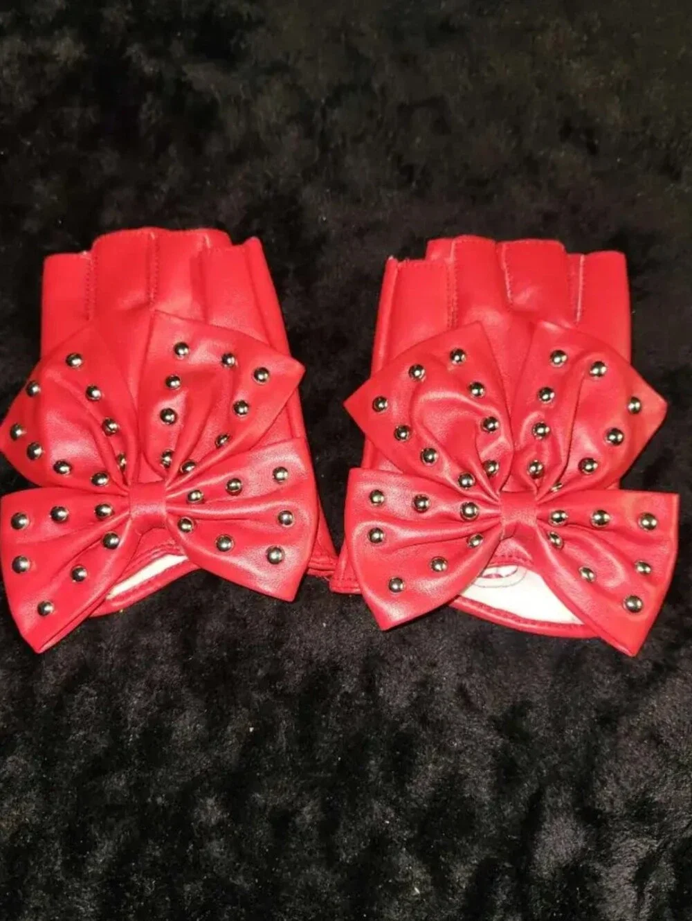 Red Studded Bow, Half-Finger, Snap-Button-Palm, Lined Faux Leather Gloves (OS)